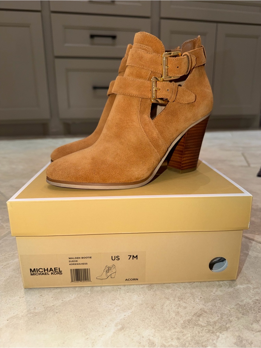 Michael Kors Suede Ankle Booties in Acorn Brown with Gold Buckles